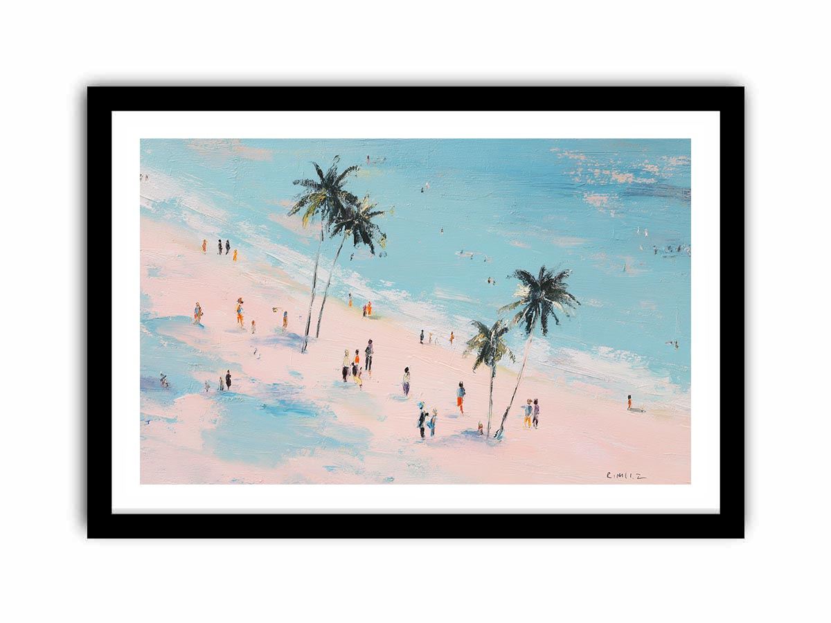 Beach scene with palm trees and people artwork for coastal living room decor