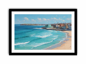 Coastal city beach painting artwork for coastal living room decor