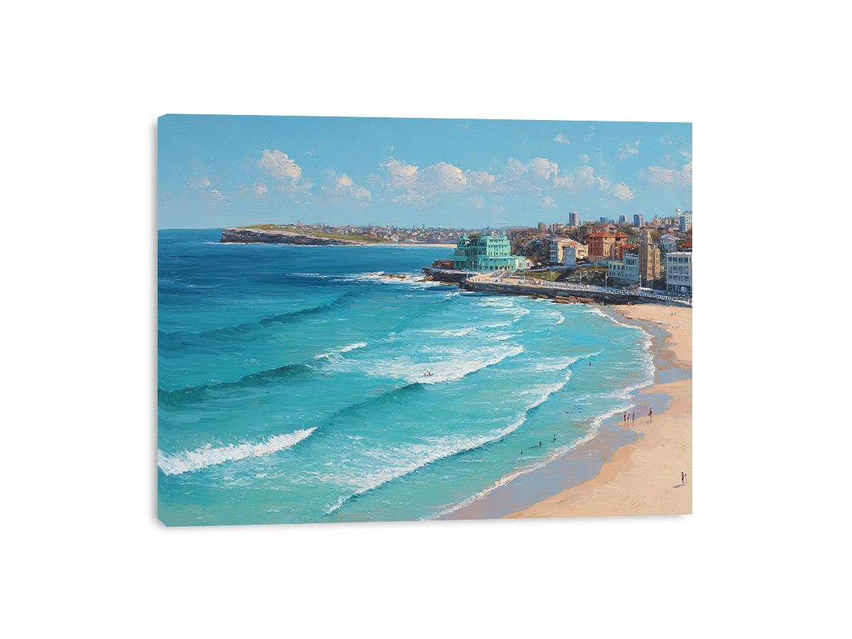 Coastal city beach painting artwork for coastal living room decor