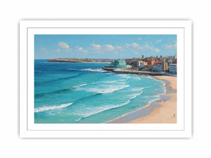 Coastal city beach painting artwork for coastal living room decor