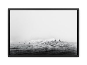 Surfers waiting on ocean waves artwork for coastal living room decor
