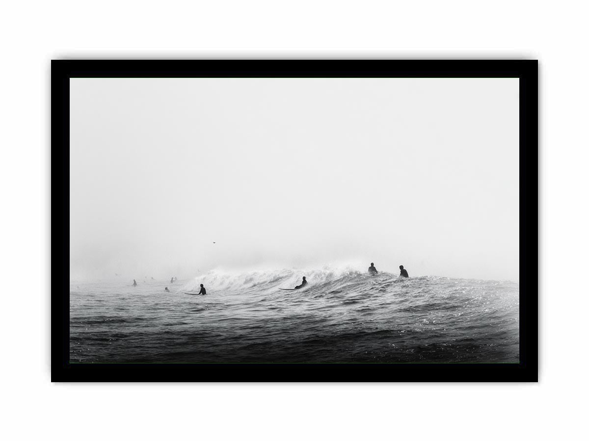 Surfers waiting on ocean waves artwork for coastal living room decor