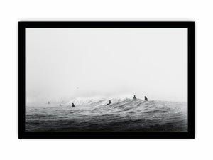 Surfers waiting on ocean waves artwork for coastal living room decor
