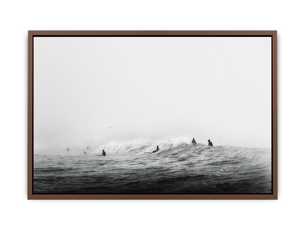 Surfers waiting on ocean waves artwork for coastal living room decor