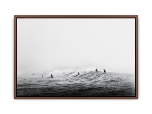 Surfers waiting on ocean waves artwork for coastal living room decor