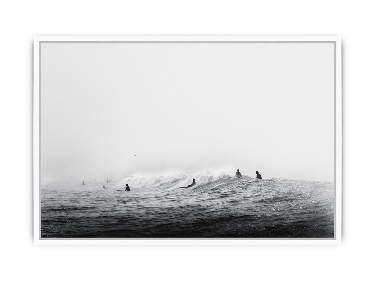 Surfers waiting on ocean waves artwork for coastal living room decor
