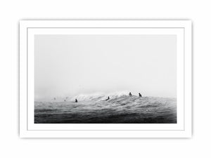 Surfers waiting on ocean waves artwork for coastal living room decor