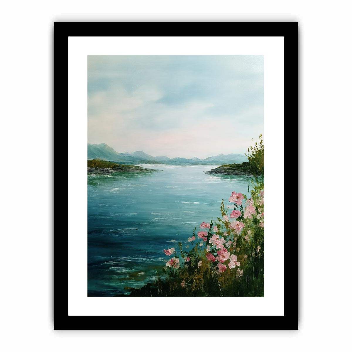 Lake with pink flowers artwork for coastal living room decor