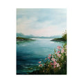 Lake with pink flowers artwork for coastal living room decor