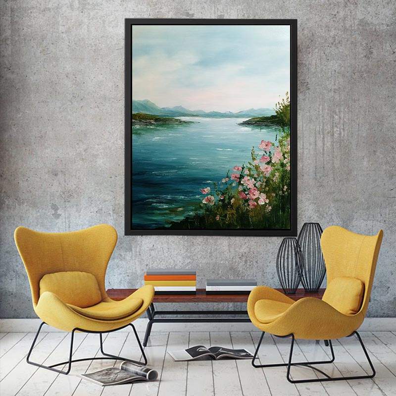 Lake with pink flowers artwork for coastal living room decor