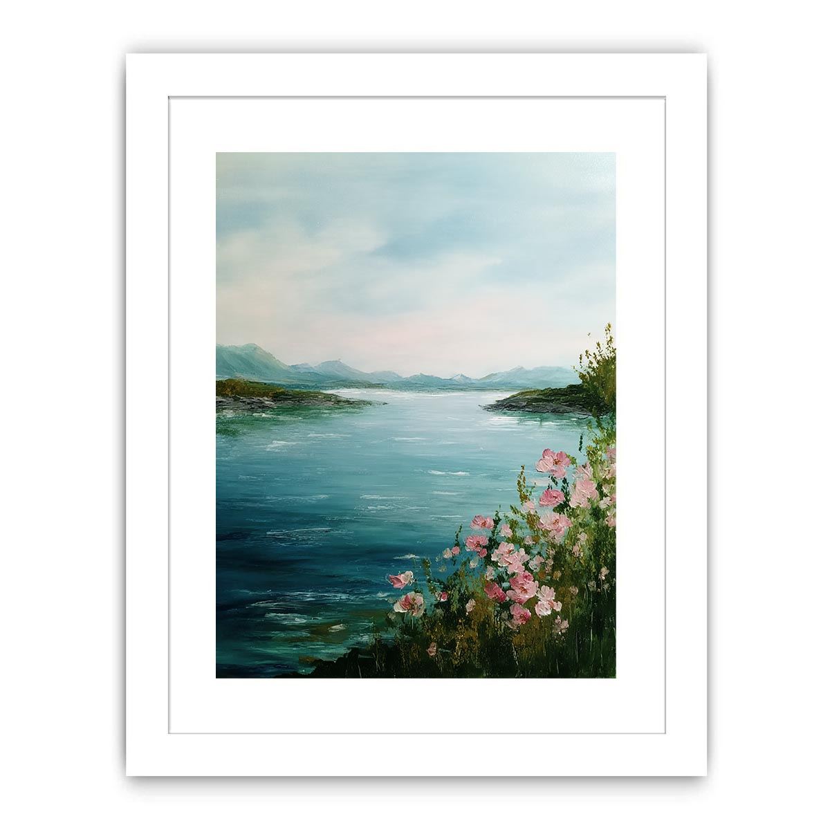 Lake with pink flowers artwork for coastal living room decor