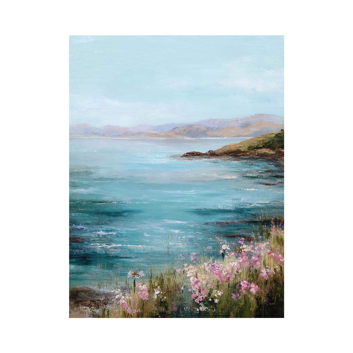 Coastal bay with wildflowers artwork for coastal living room decor