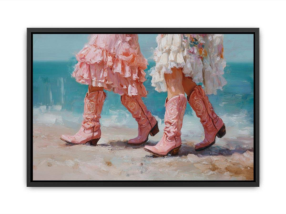 Pink cowboy boots on beach artwork for coastal living room decor