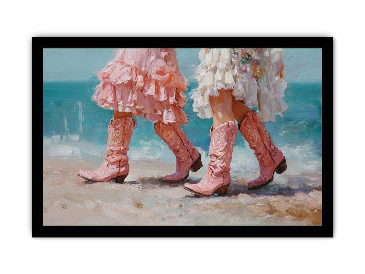 Pink cowboy boots on beach artwork for coastal living room decor