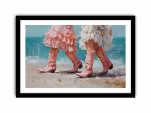 Pink cowboy boots on beach artwork for coastal living room decor