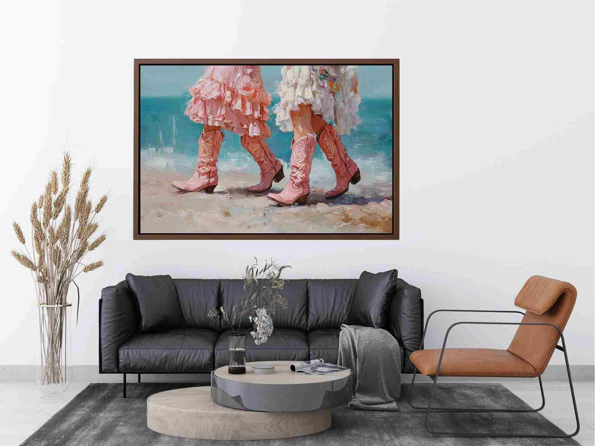 Pink cowboy boots on beach artwork for coastal living room decor
