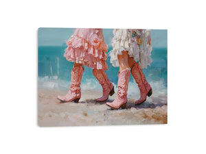 Pink cowboy boots on beach artwork for coastal living room decor