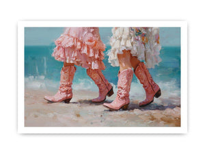Pink cowboy boots on beach artwork for coastal living room decor