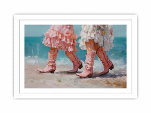 Pink cowboy boots on beach artwork for coastal living room decor