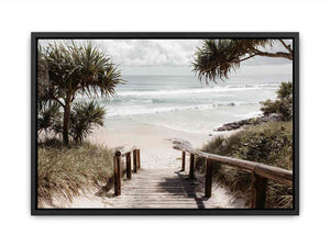 Boardwalk leading to beach artwork for coastal living room decor