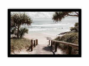 Boardwalk leading to beach artwork for coastal living room decor