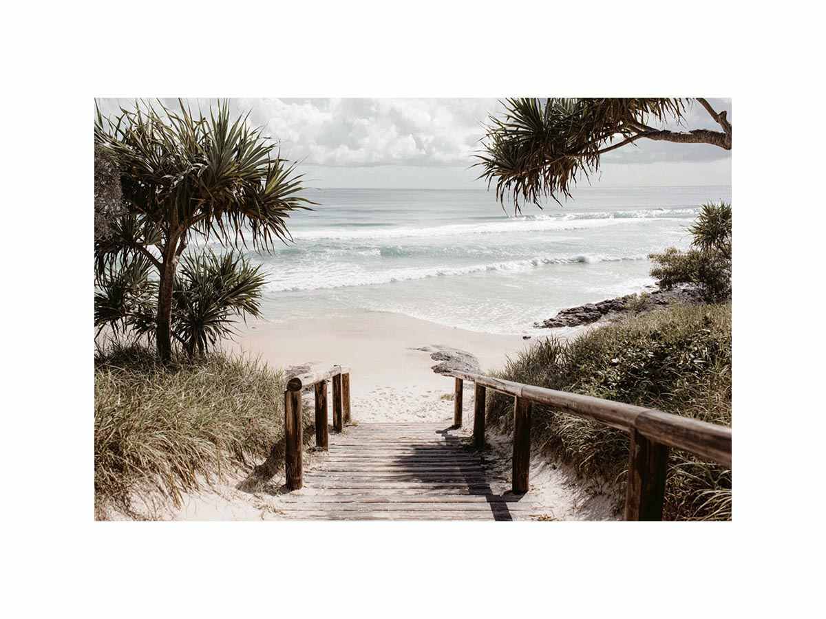 Boardwalk leading to beach artwork for coastal living room decor