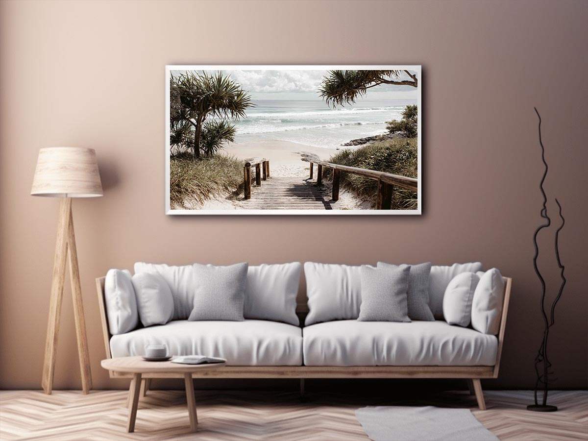 Boardwalk leading to beach artwork for coastal living room decor