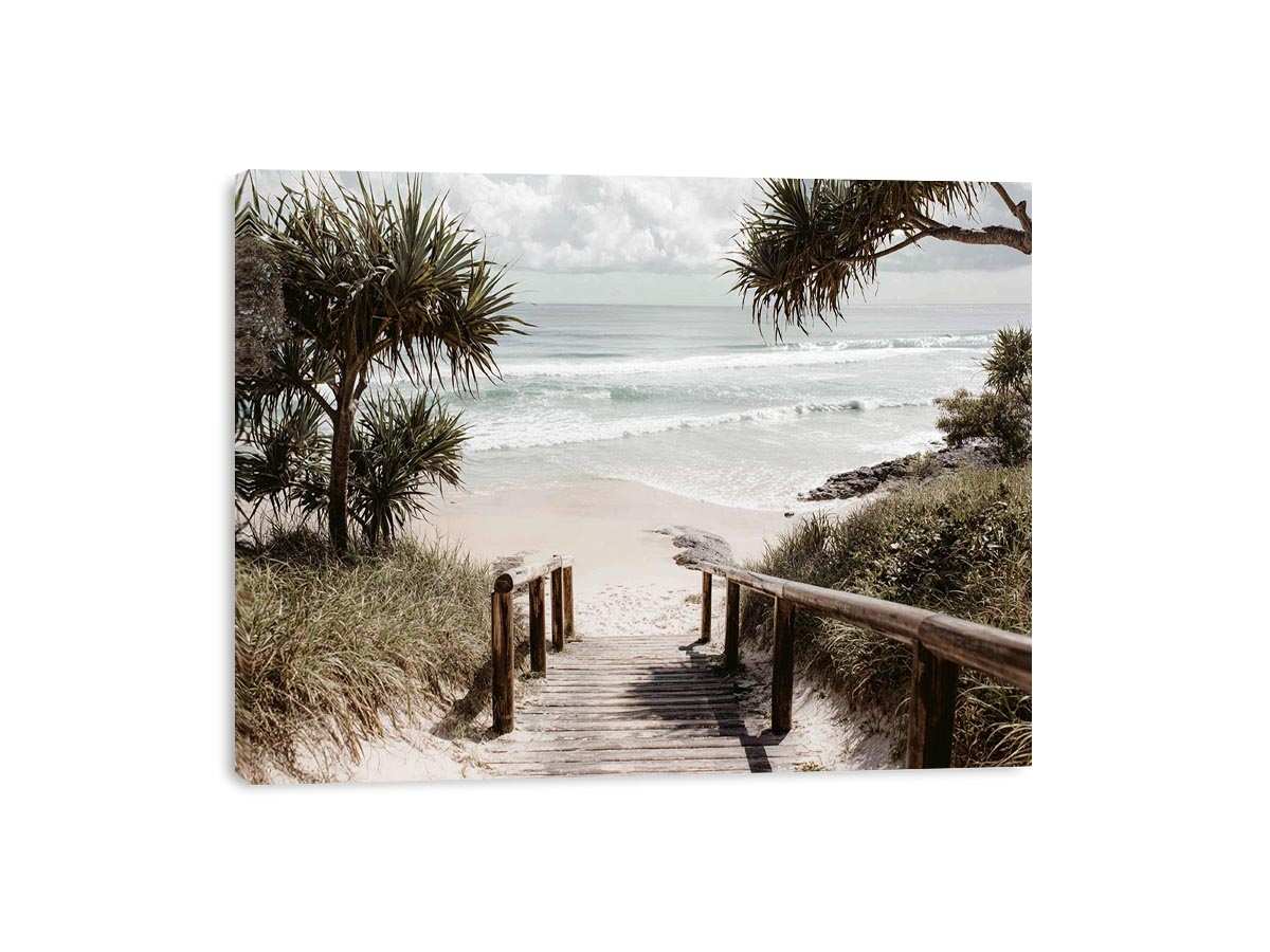 Boardwalk leading to beach artwork for coastal living room decor