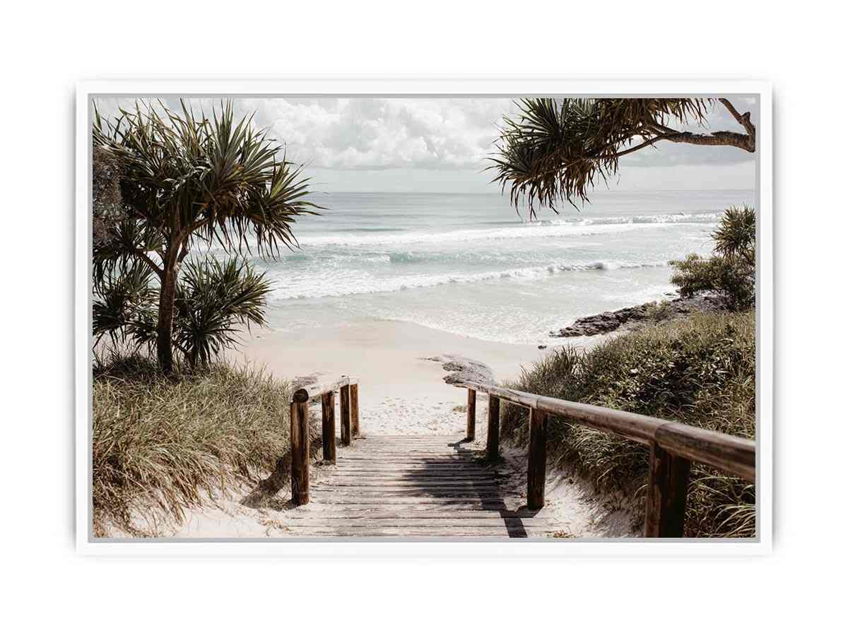 Boardwalk leading to beach artwork for coastal living room decor