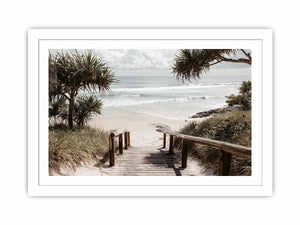 Boardwalk leading to beach artwork for coastal living room decor