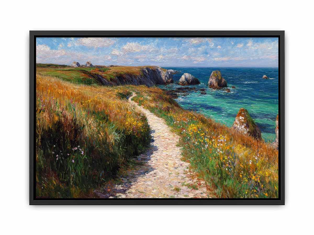 Ocean cliff path with flowers artwork for coastal living room decor