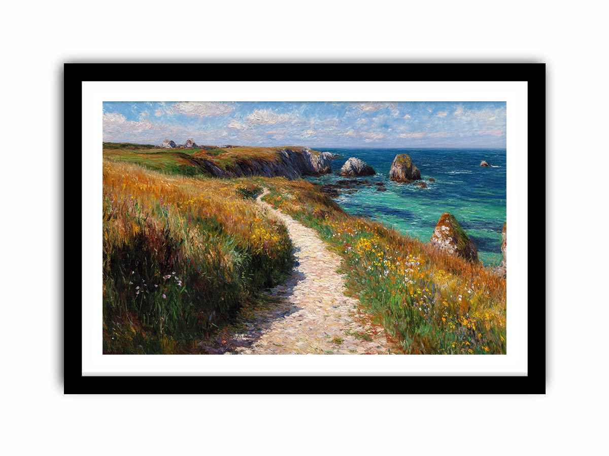 Ocean cliff path with flowers artwork for coastal living room decor