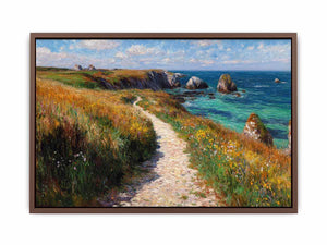 Ocean cliff path with flowers artwork for coastal living room decor