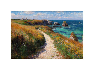 Ocean cliff path with flowers artwork for coastal living room decor