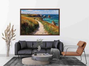 Ocean cliff path with flowers artwork for coastal living room decor