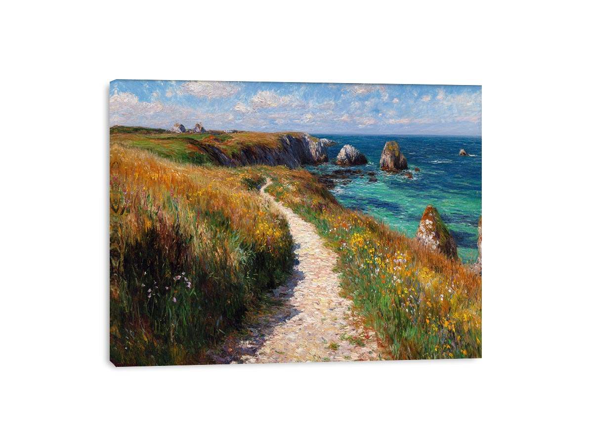 Ocean cliff path with flowers artwork for coastal living room decor