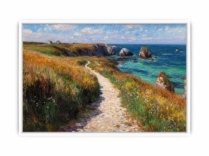Ocean cliff path with flowers artwork for coastal living room decor