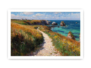 Ocean cliff path with flowers artwork for coastal living room decor