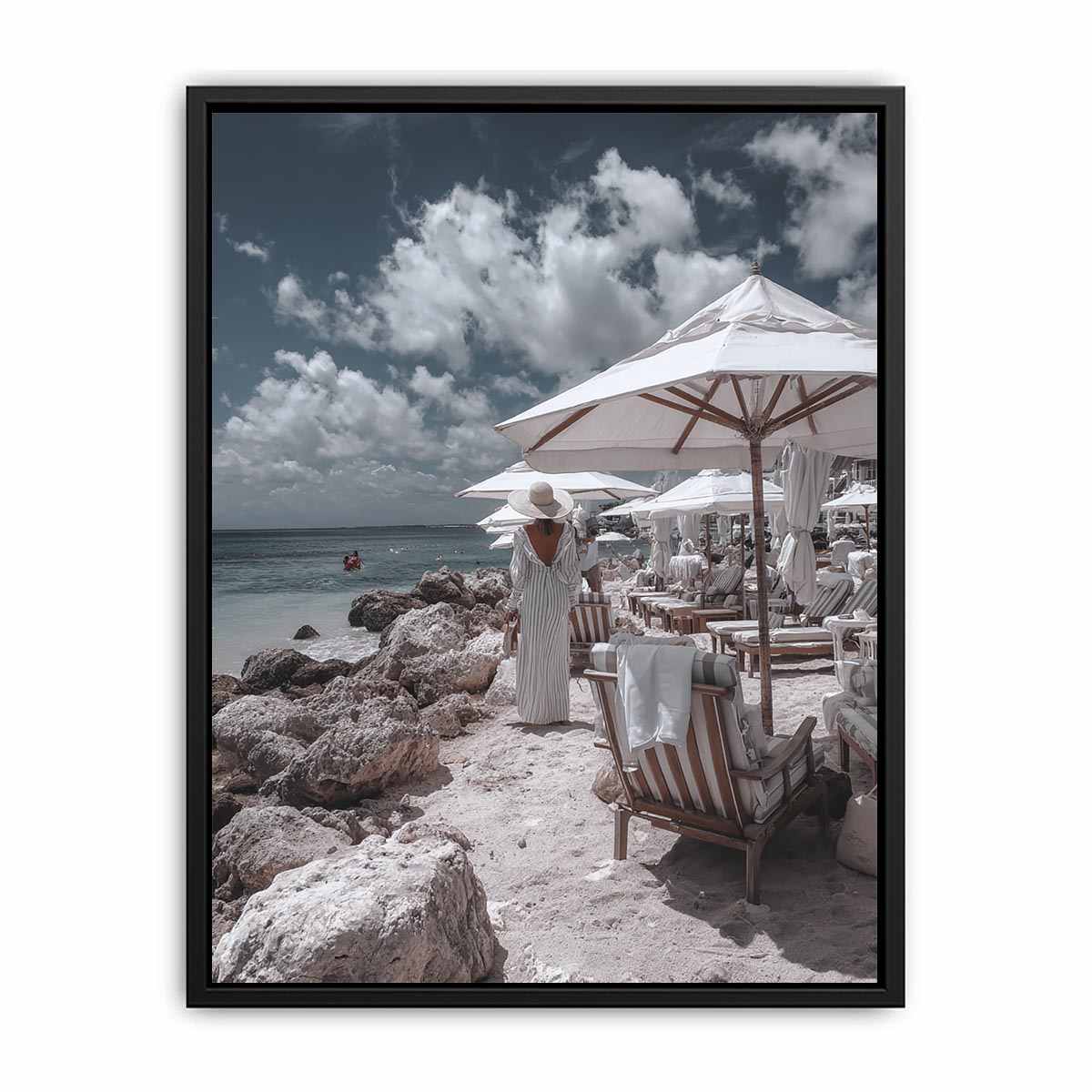 Luxury beach club scene artwork for coastal living room decor