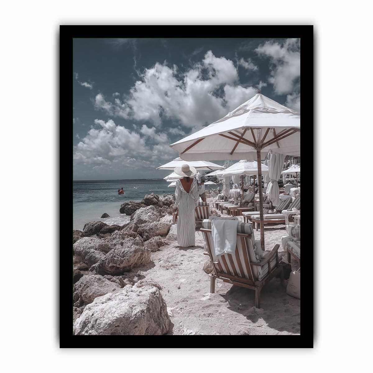 Luxury beach club scene artwork for coastal living room decor