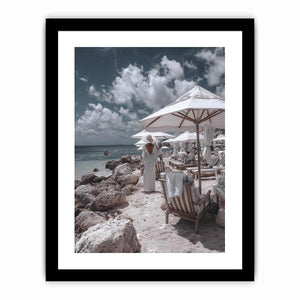 Luxury beach club scene artwork for coastal living room decor