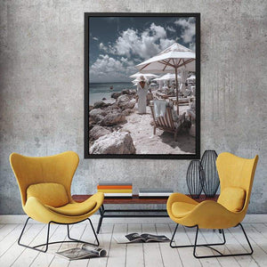 Luxury beach club scene artwork for coastal living room decor