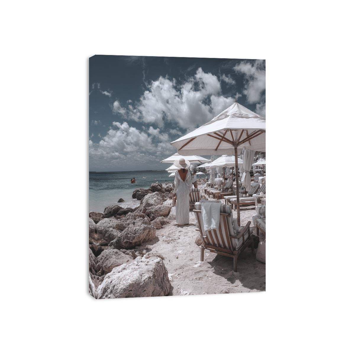 Luxury beach club scene artwork for coastal living room decor