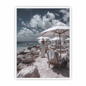 Luxury beach club scene artwork for coastal living room decor