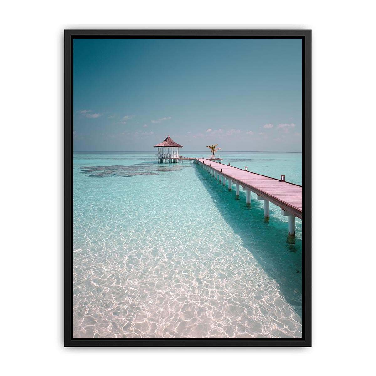 Pier over tropical lagoon artwork for coastal living room decor