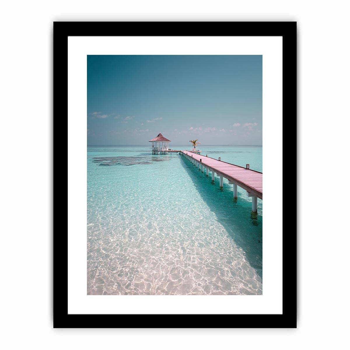Pier over tropical lagoon artwork for coastal living room decor