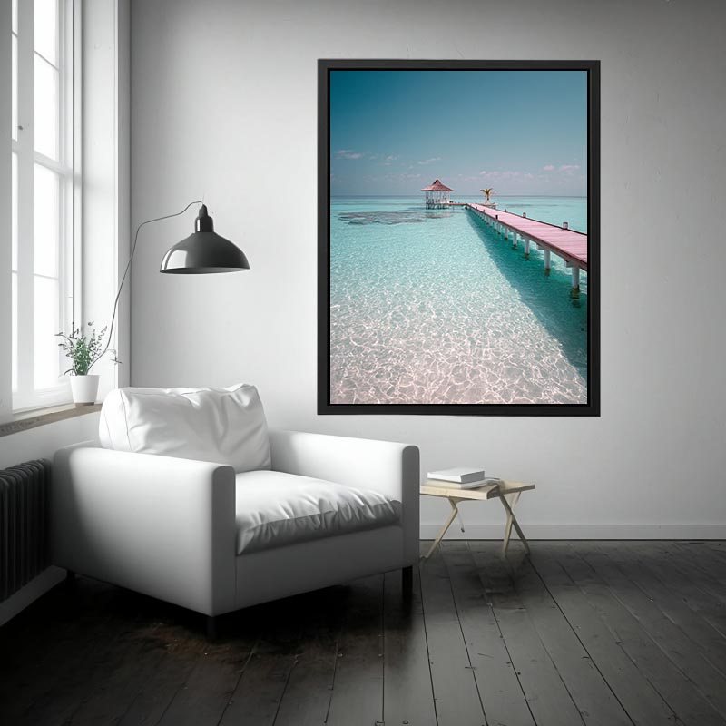 Pier over tropical lagoon artwork for coastal living room decor