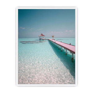 Pier over tropical lagoon artwork for coastal living room decor