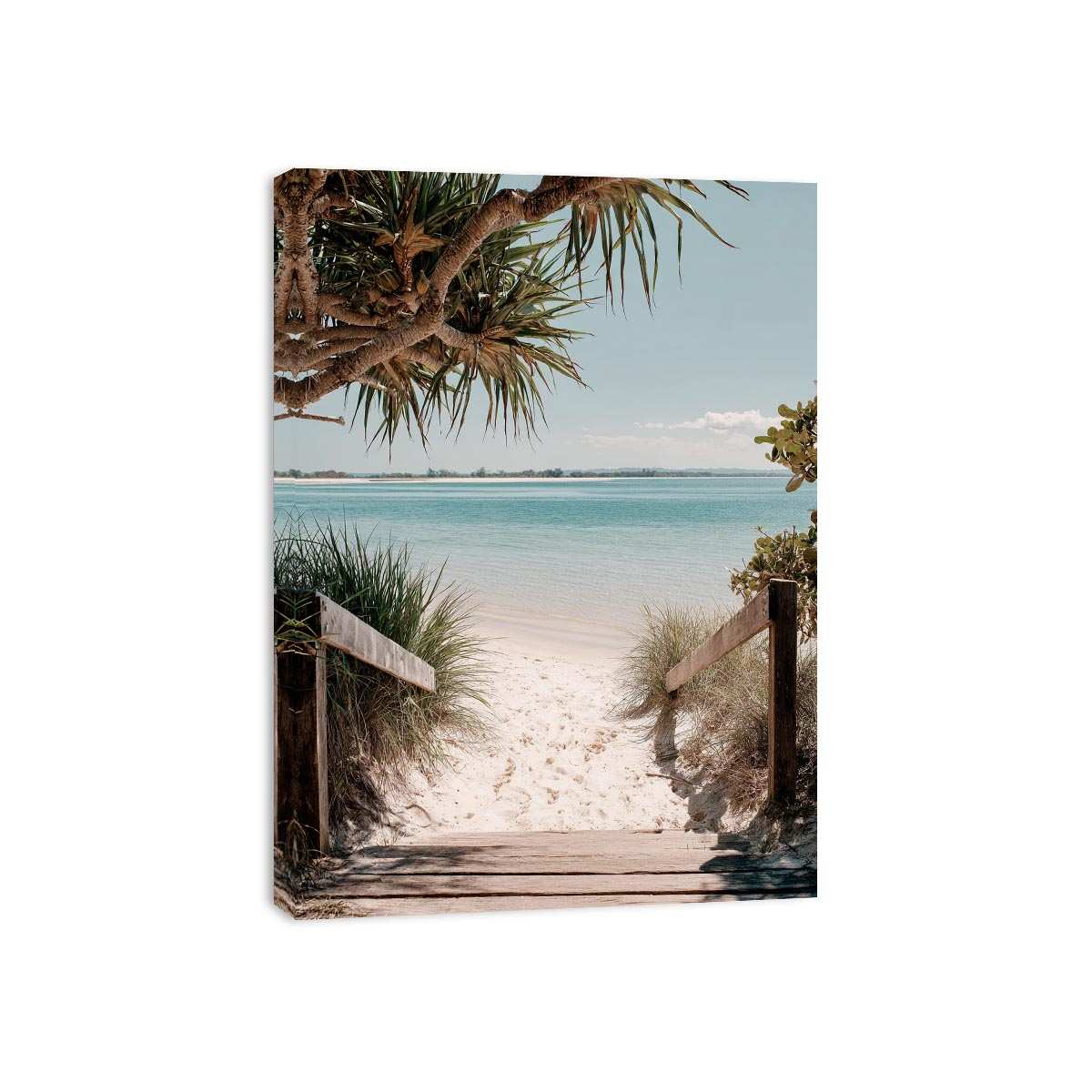 Beach pathway through dunes leading to a calm turquoise shoreline for coastal living room decor