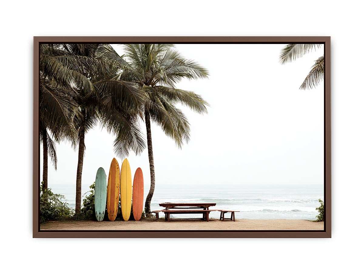 Colorful surfboards and palm trees overlooking the ocean for coastal wall decor